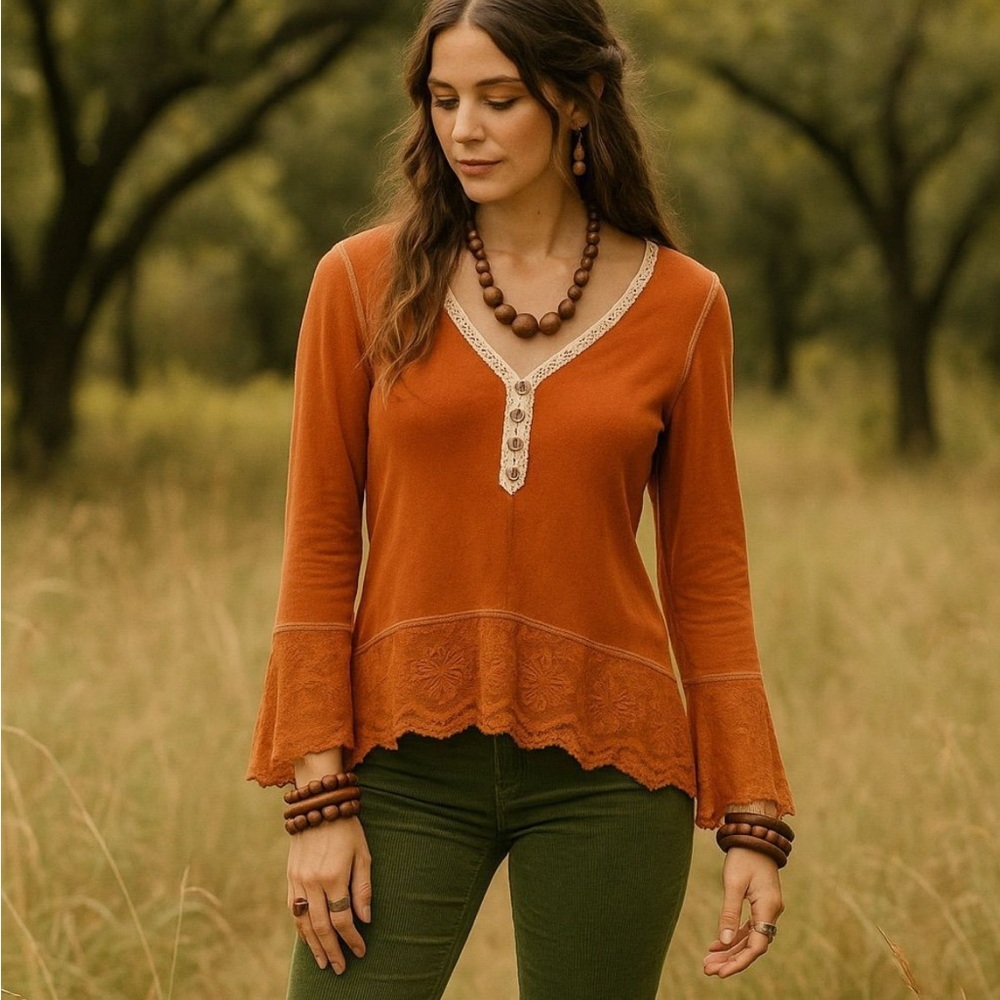 POL Women's Rust Lace Trim Long Sleeve Top